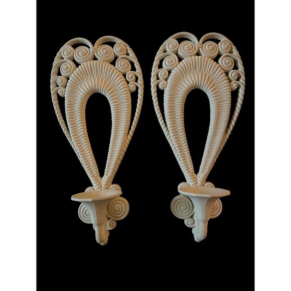 Vtg 70s Burwood Faux Off-White Wicker Wall Candleholders 17" Tall Pair - Picture 2 of 7